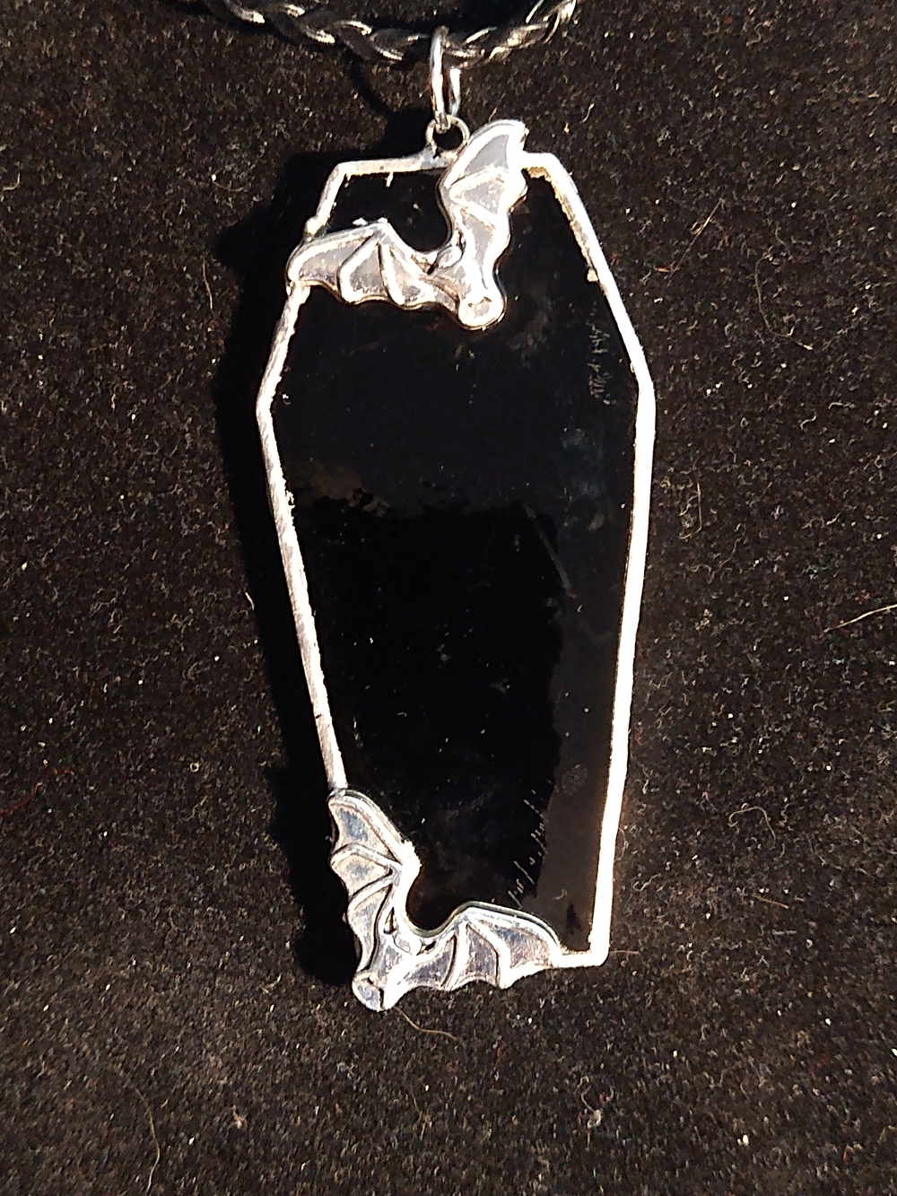 Black Stained Glass Coffin Pendant Necklace with Silver Bats -Gothic Gargoyle
